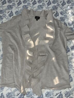 100% Wool Talbots Light Gray Ruffle-Trim Open Cardigan
